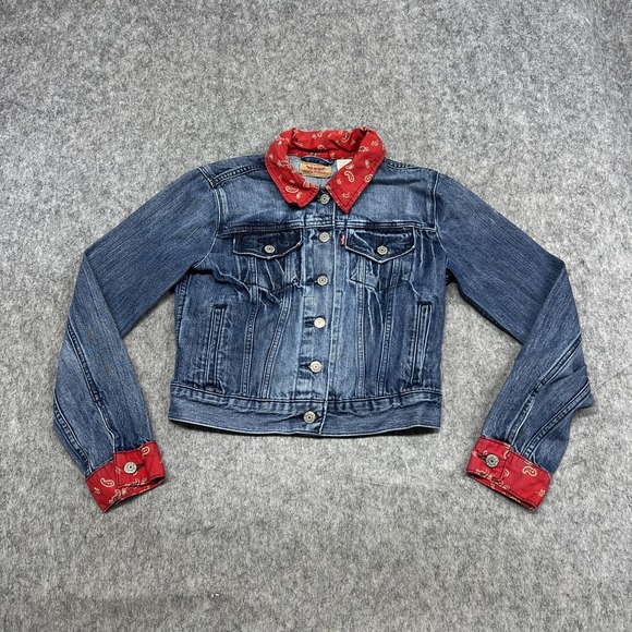 Levi's Jackets & Blazers - Levis Jacket Womens S‎ Blue Denim Trucker Western Bandana Paisley Collar Cuffs